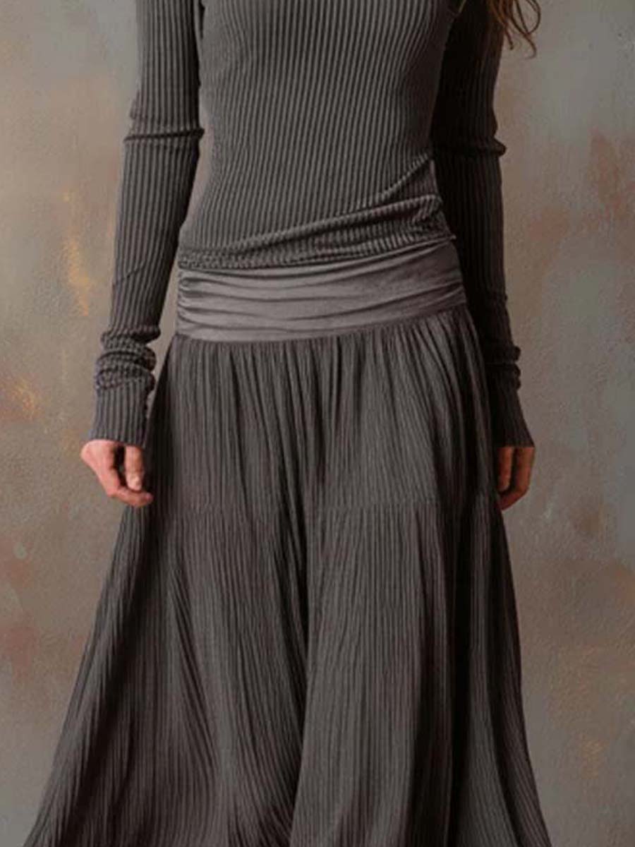 Vestido Maxi Gris Carbón Punto Canalé Plisado