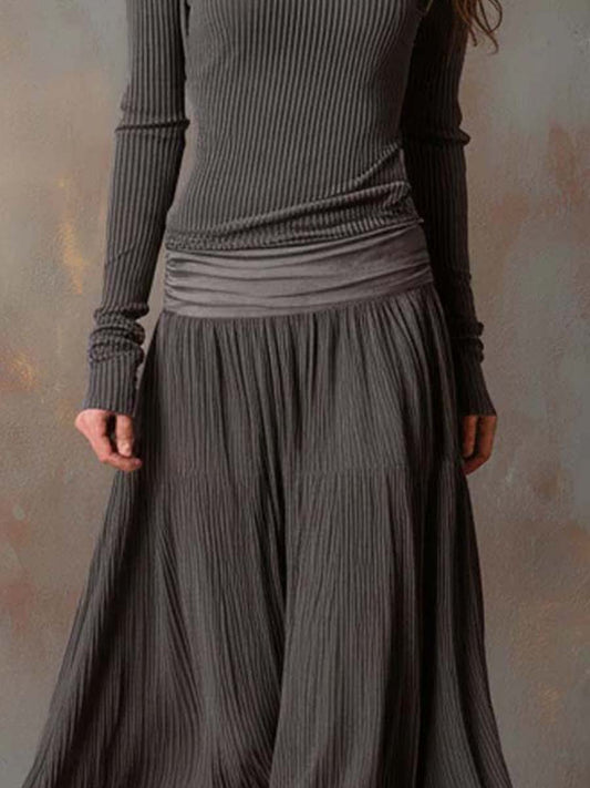 Vestido Maxi Gris Carbón Punto Canalé Plisado