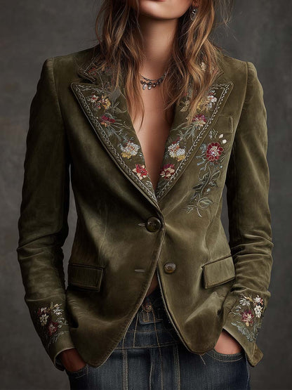 Blazer Terciopelo Verde Oliva Bordado Floral