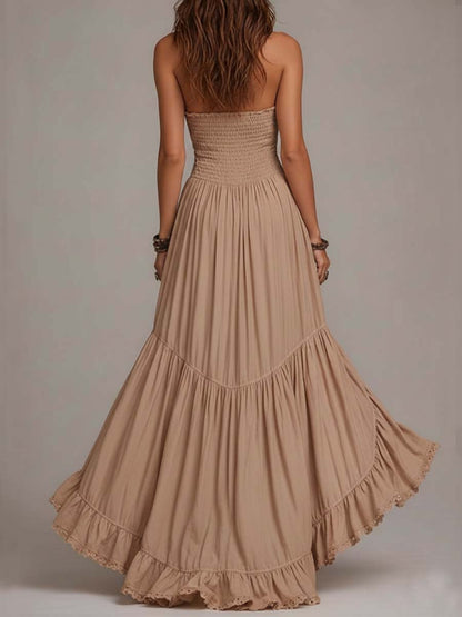 Vestido Maxi Boho Caqui Corsé Halter Escalonado