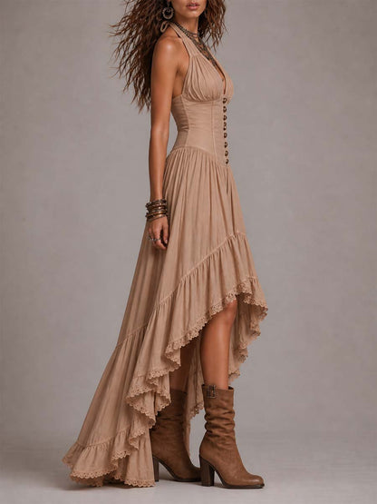 Vestido Maxi Boho Caqui Corsé Halter Escalonado