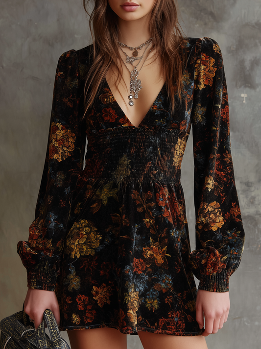 Vestido Mini Terciopelo Negro Floral Cintura Plisada