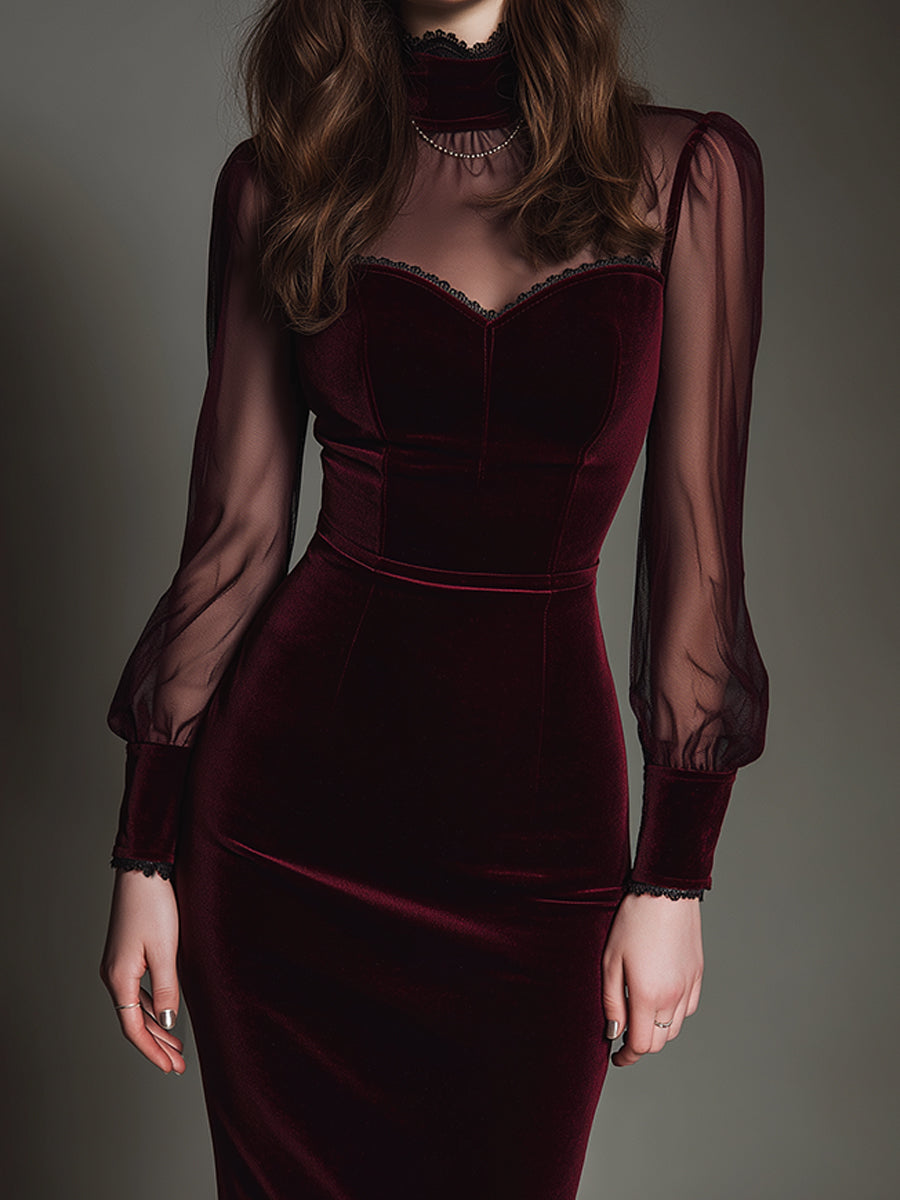 Vestido Midi Granate Malla Terciopelo Escote Corazón