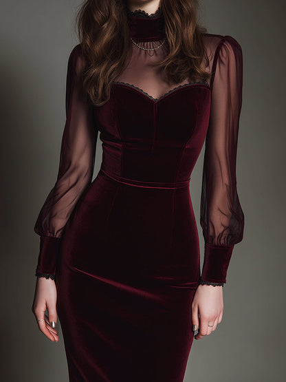 Vestido Midi Granate Malla Terciopelo Escote Corazón