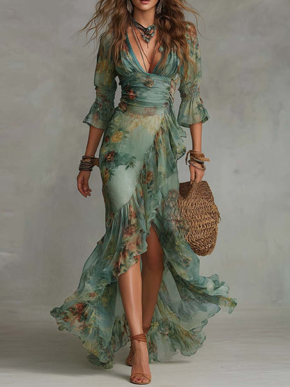 Vestido Maxi Verde Salvia Floral Cruzado