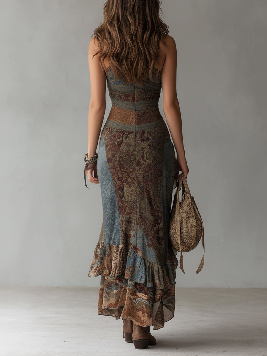 Vestido Maxi Gris Azulado Étnico Un Hombro Abertura
