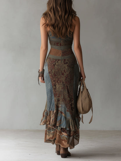 Vestido Maxi Gris Azulado Étnico Un Hombro Abertura