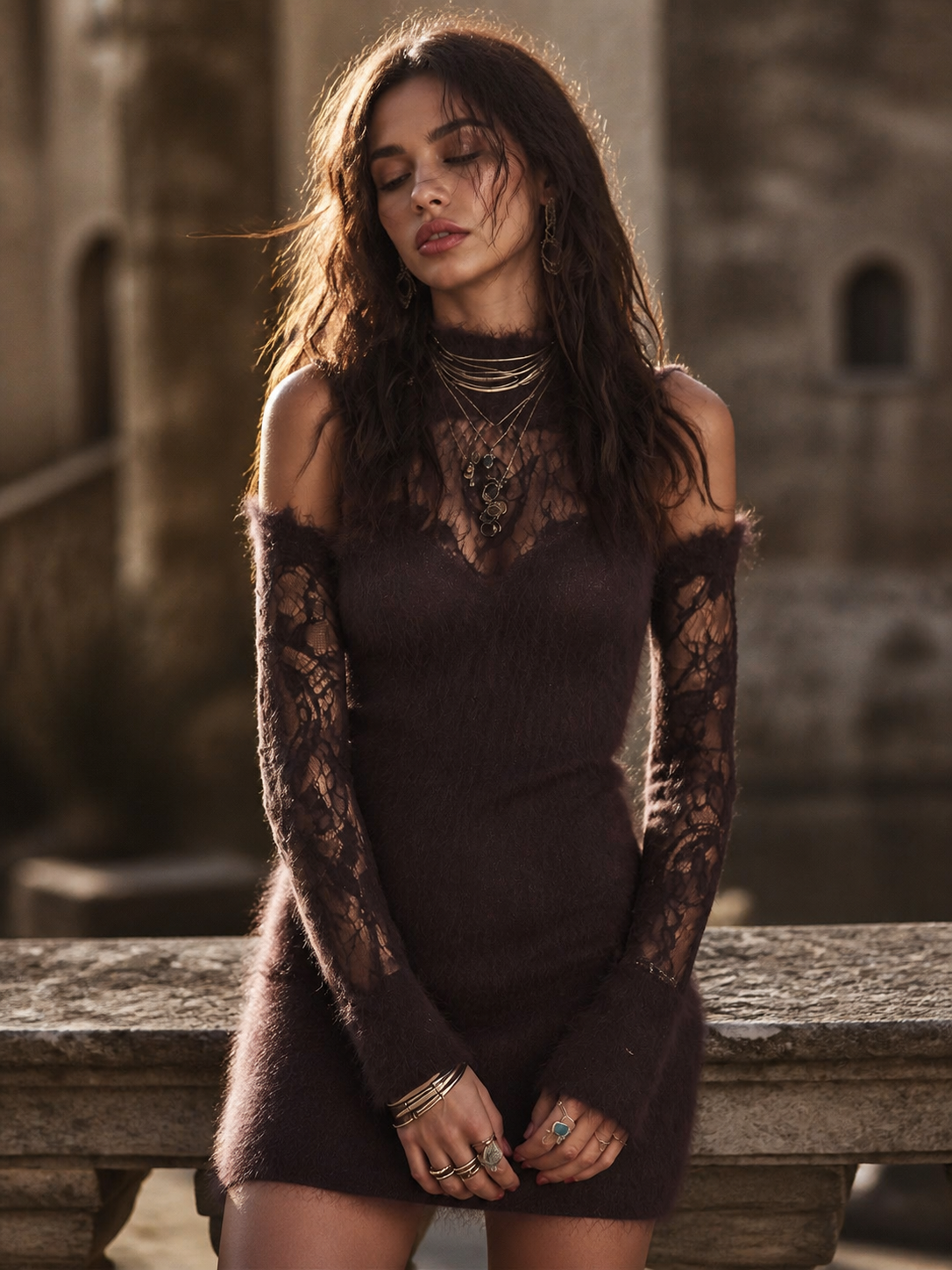 Vestido Mini Morado Mohair Encaje Mangas Largas