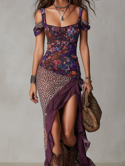Vestido Maxi Ciruela Leopardo Floral Abertura