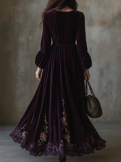 Vestido Maxi Morado Terciopelo Bordado Floral