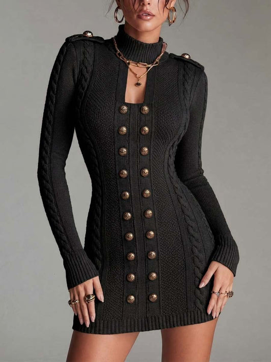 Vestido Punto Trenzado Azul Militar Cremallera Dorada