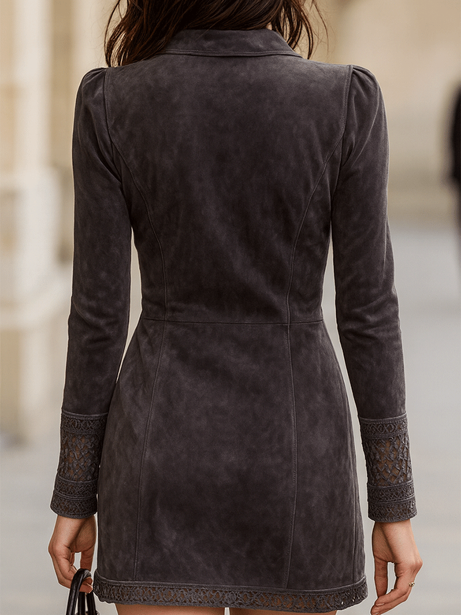 Vestido Mini Ante Gris Cremallera Frontal