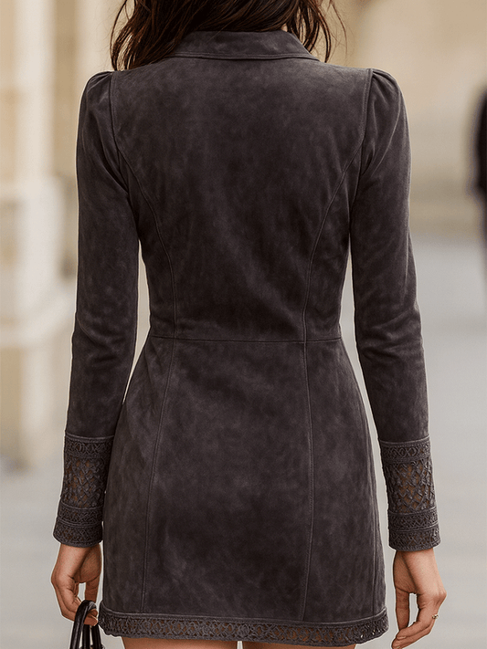 Vestido Mini Ante Gris Cremallera Frontal