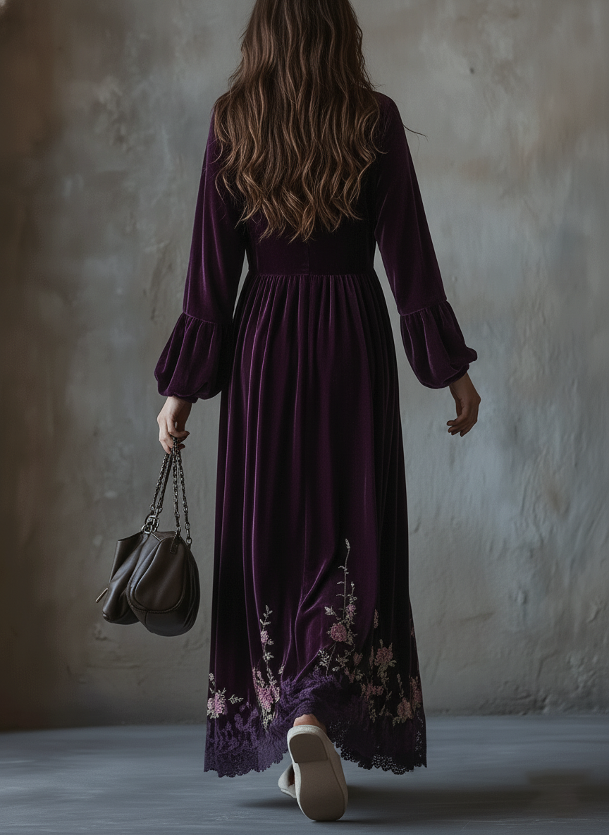Vestido Maxi Morado Terciopelo Bordado Floral