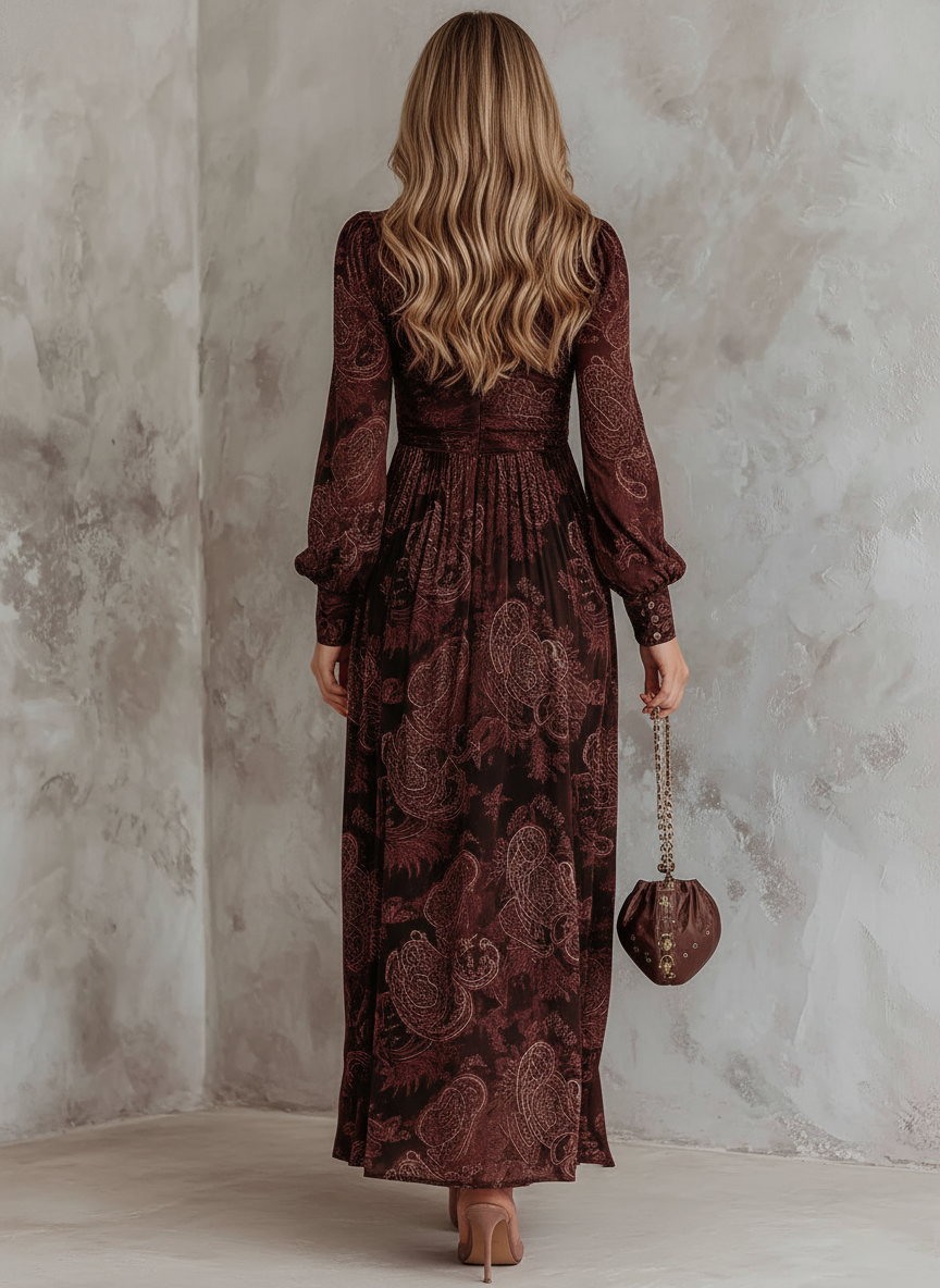 Vestido Midi Marrón Estampado Cachemira Cuello Cremallera