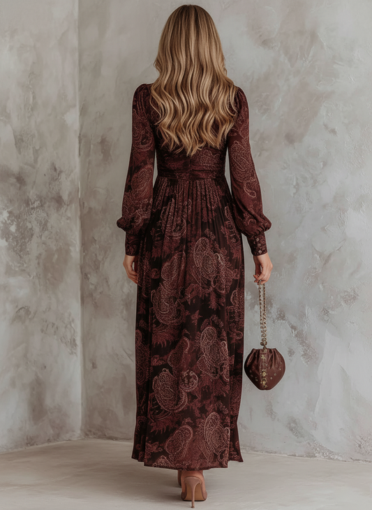Vestido Midi Marrón Estampado Cachemira Cuello Cremallera