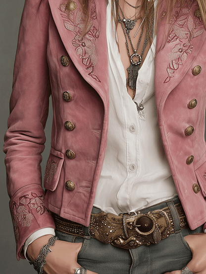 Chaqueta Ante Rosa Cruzada Bordada