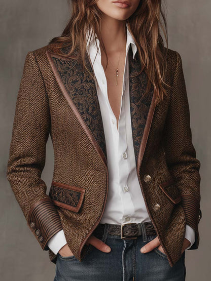 Blazer Tweed Espiga Marrón Paneles Estampados