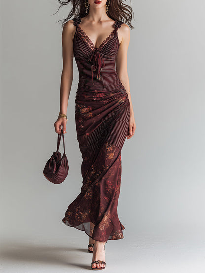 Vestido Maxi Granate Rayas Floral Tirantes