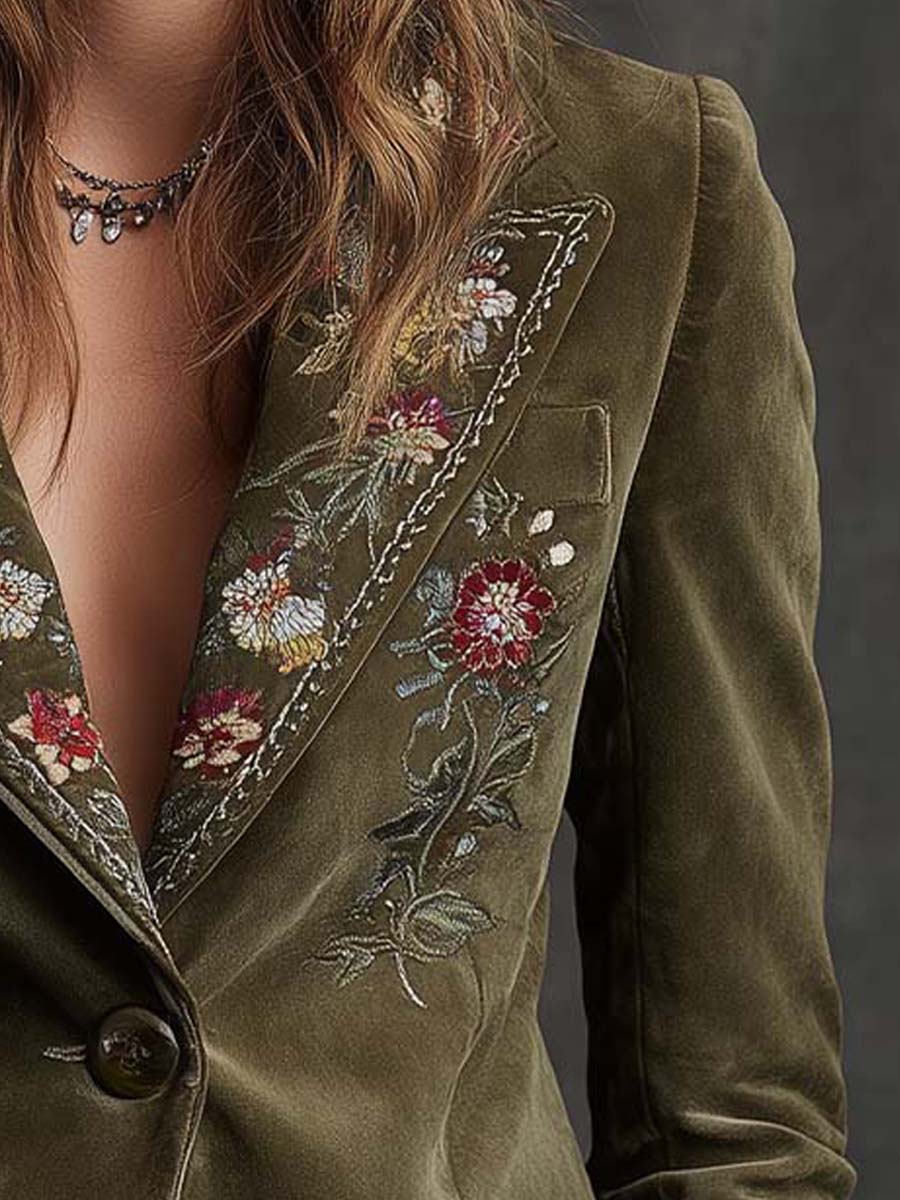 Blazer Terciopelo Verde Oliva Bordado Floral