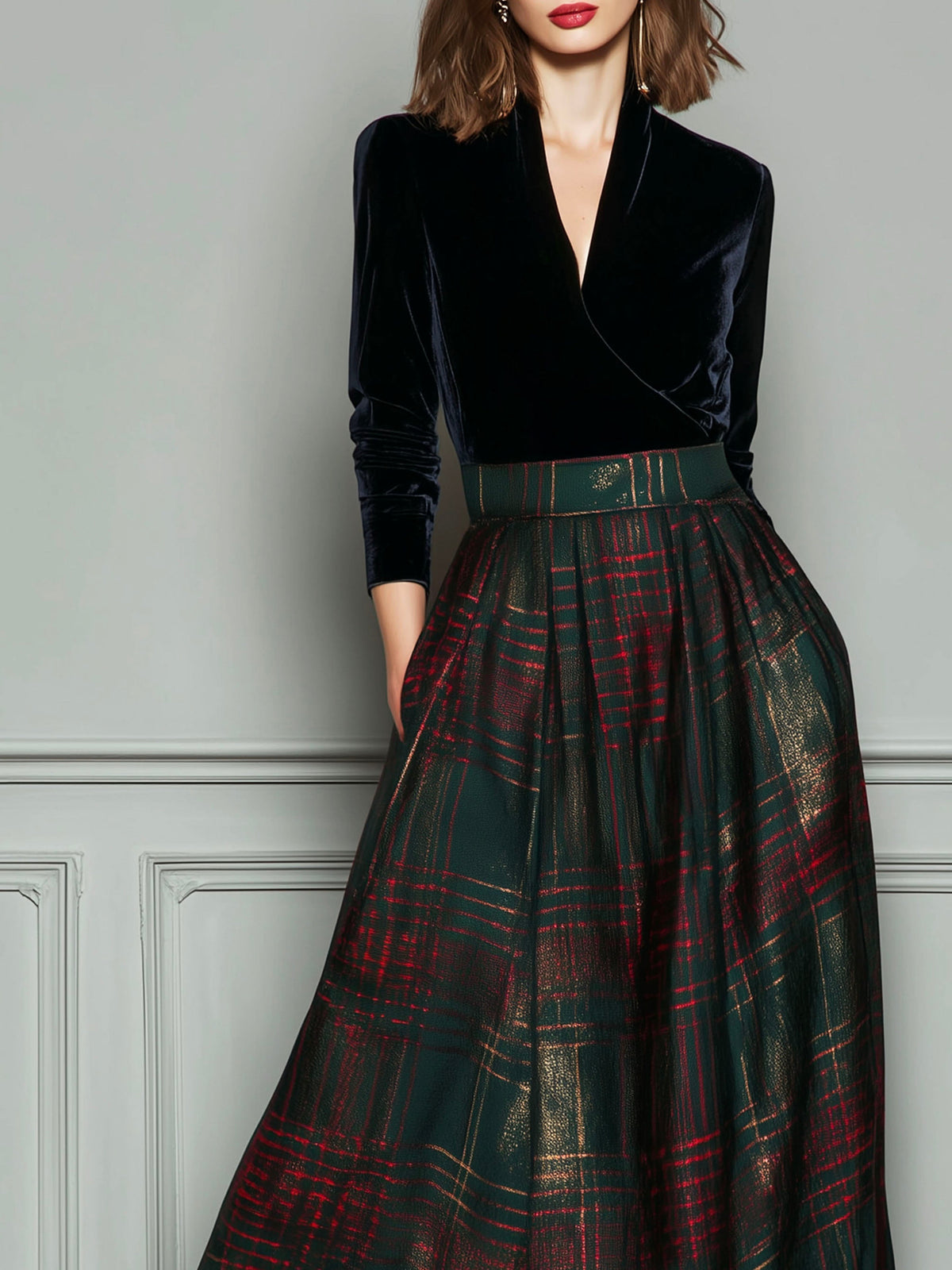 Vestido Maxi Negro Terciopelo Cuadros Falda Amplia