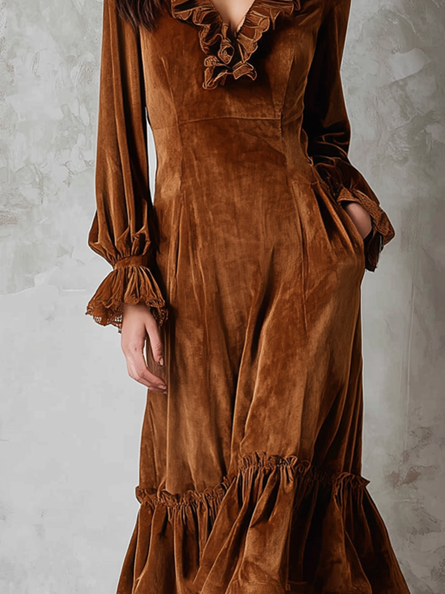Vestido Midi Marrón Terciopelo Encaje Cuello Volante