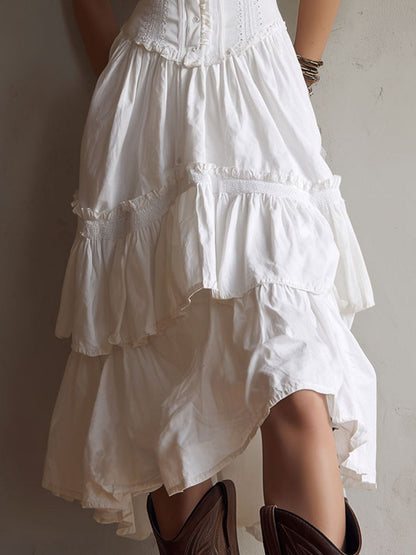 Vestido Midi Boho Corsé Blanco Volantes Encaje