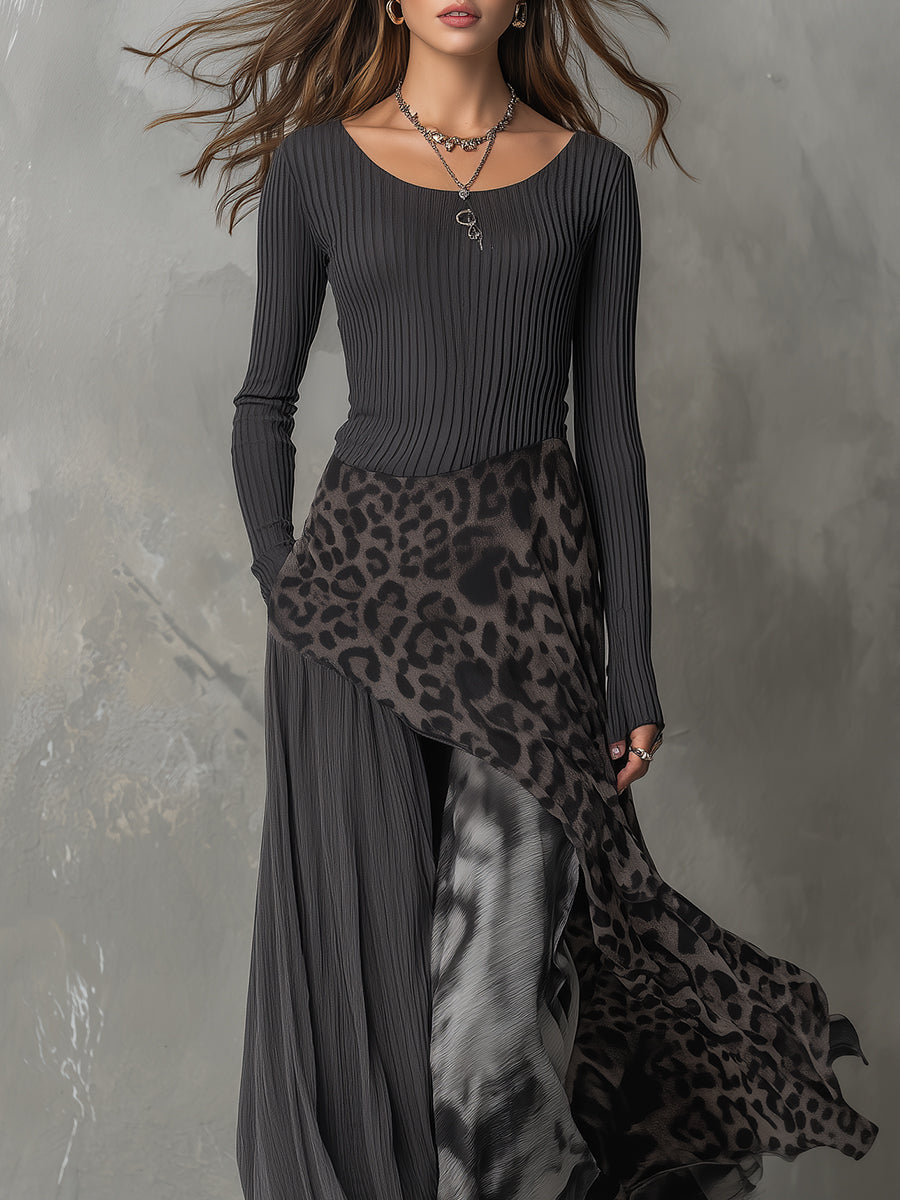 Vestido Maxi Gris Boho Rayas Leopardo Asimétrico