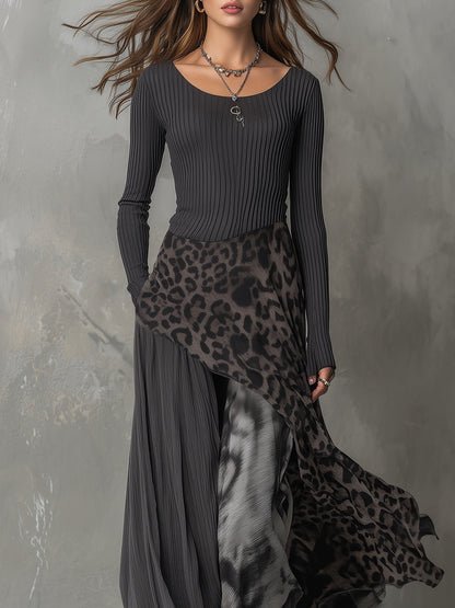 Vestido Maxi Gris Boho Rayas Leopardo Asimétrico