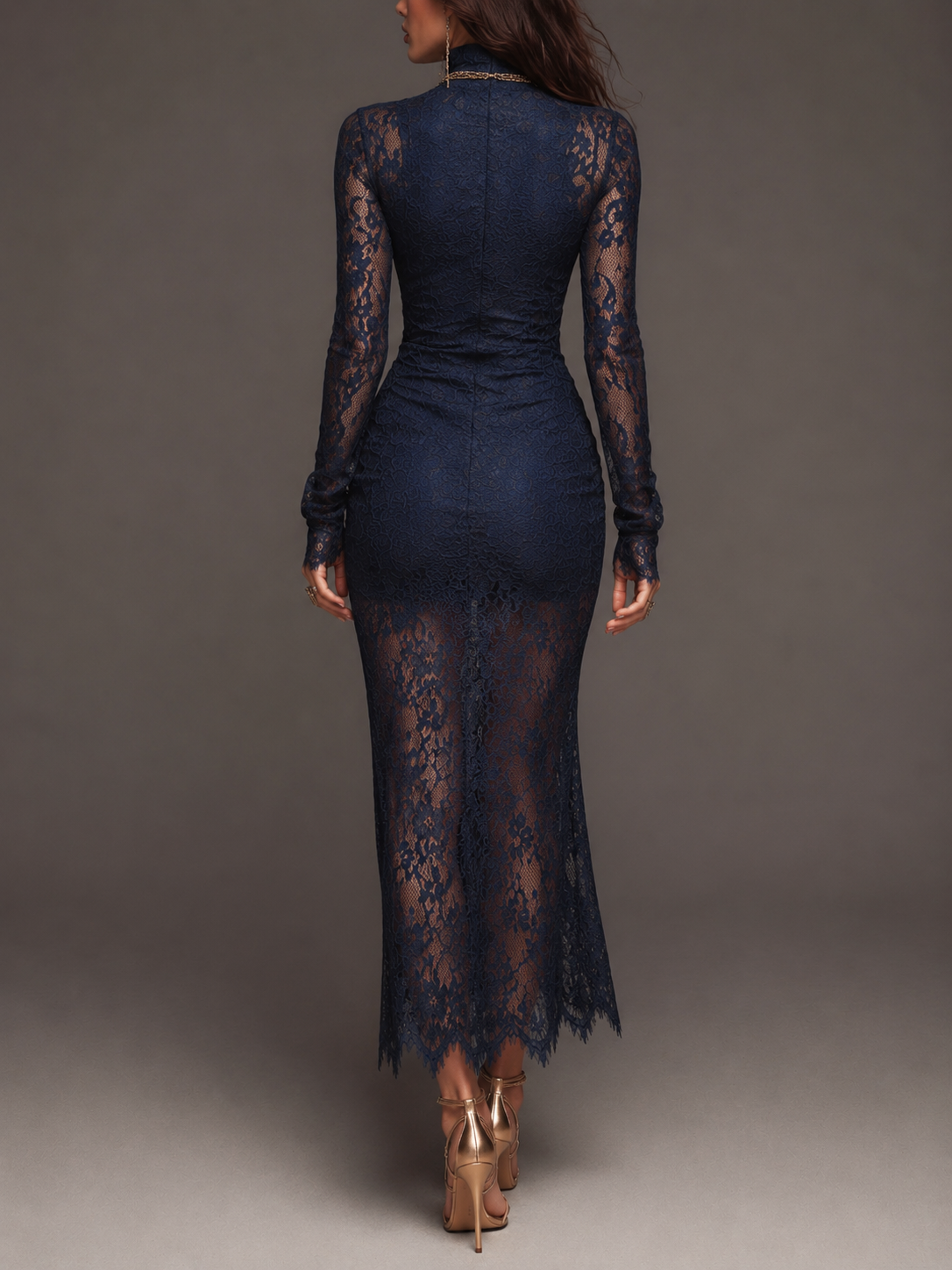 Vestido Midi Azul Marino Encaje Escalope Cuello Alto