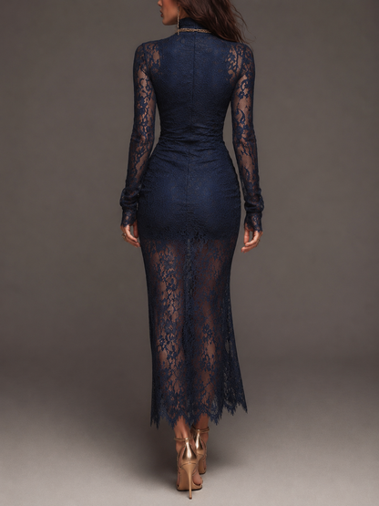 Vestido Midi Azul Marino Encaje Escalope Cuello Alto