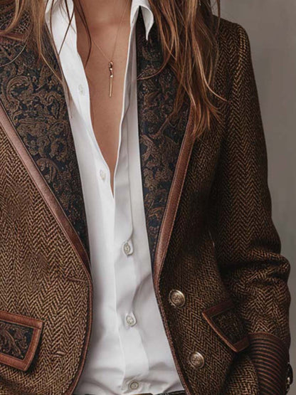 Blazer Tweed Espiga Marrón Paneles Estampados