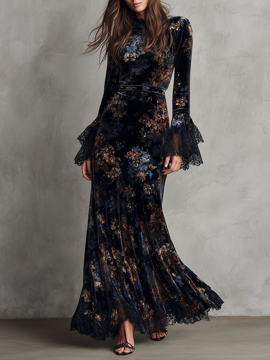 Vestido Maxi Azul Medianoche Terciopelo Floral Mangas Campana