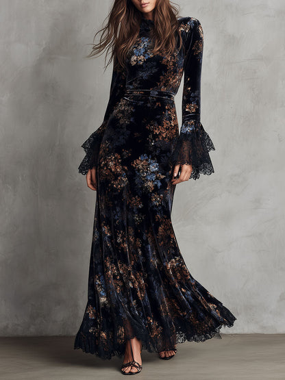 Vestido Maxi Azul Medianoche Terciopelo Floral Mangas Campana