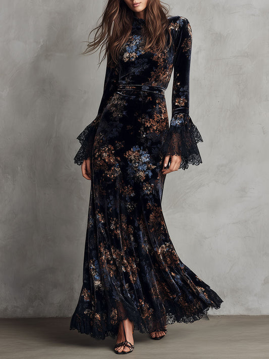 Vestido Maxi Azul Medianoche Terciopelo Floral Mangas Campana
