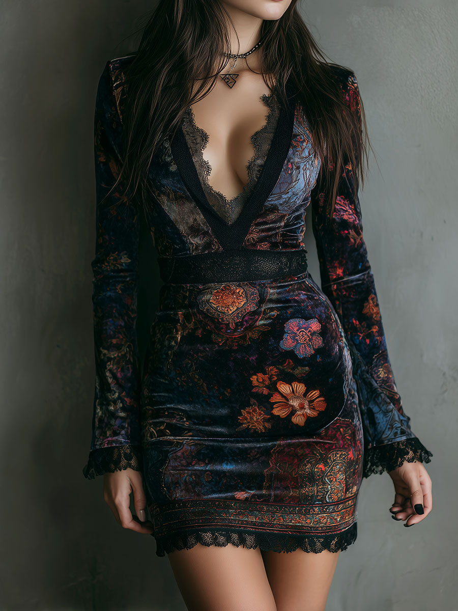 Vestido Mini Terciopelo Azul Floral Escote V Encaje