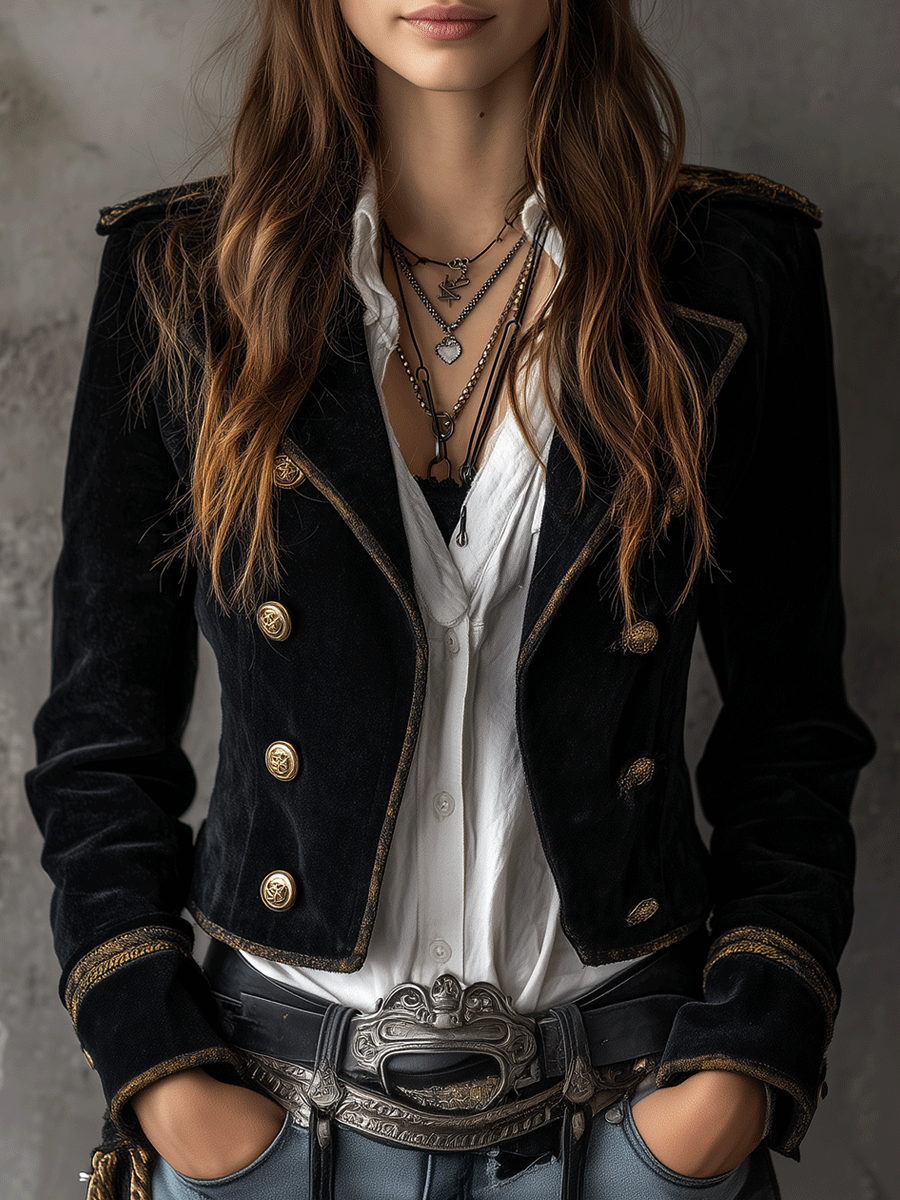 Blazer Terciopelo Negro Militar Botones Dorados