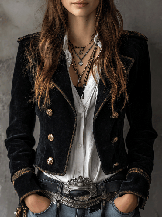 Blazer Terciopelo Negro Militar Botones Dorados