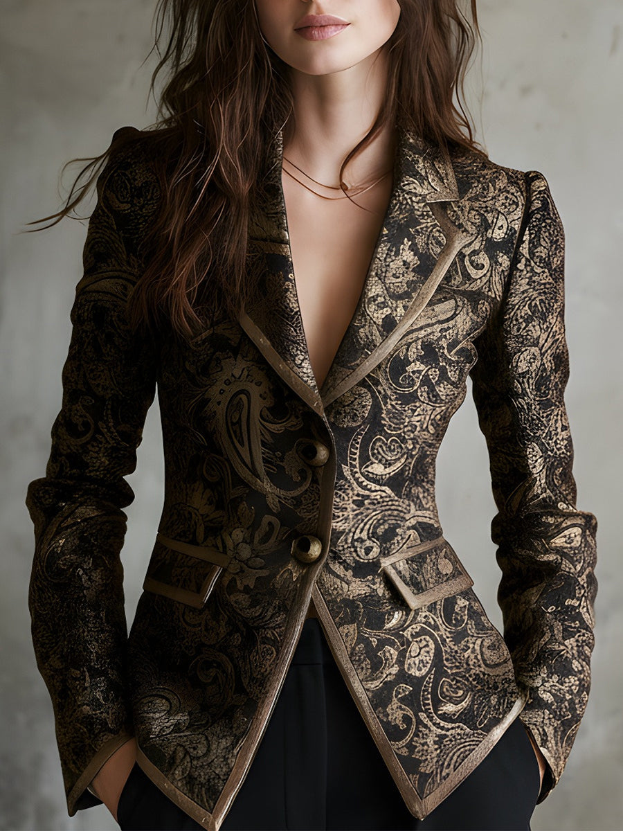 Blazer Negra Jacquard Paisley Solapa Cruzada