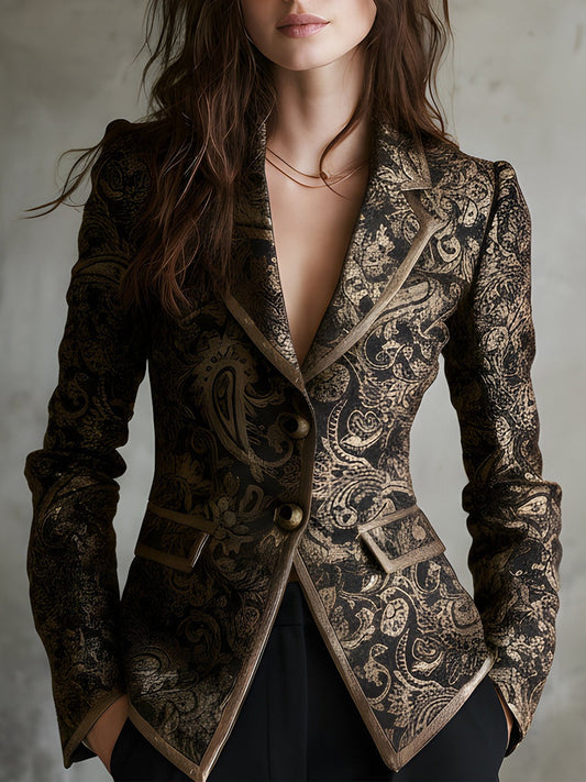 Blazer Negra Jacquard Paisley Solapa Cruzada