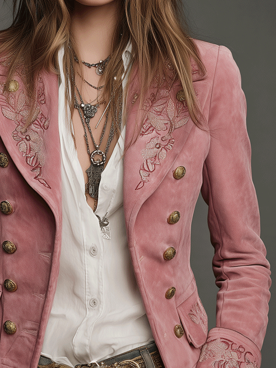 Chaqueta Ante Rosa Cruzada Bordada
