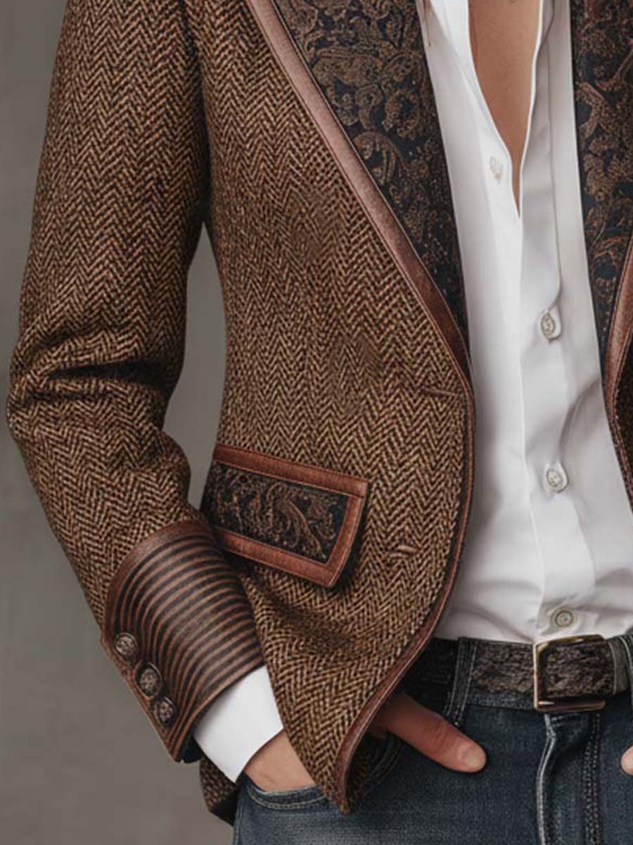 Blazer Tweed Espiga Marrón Paneles Estampados
