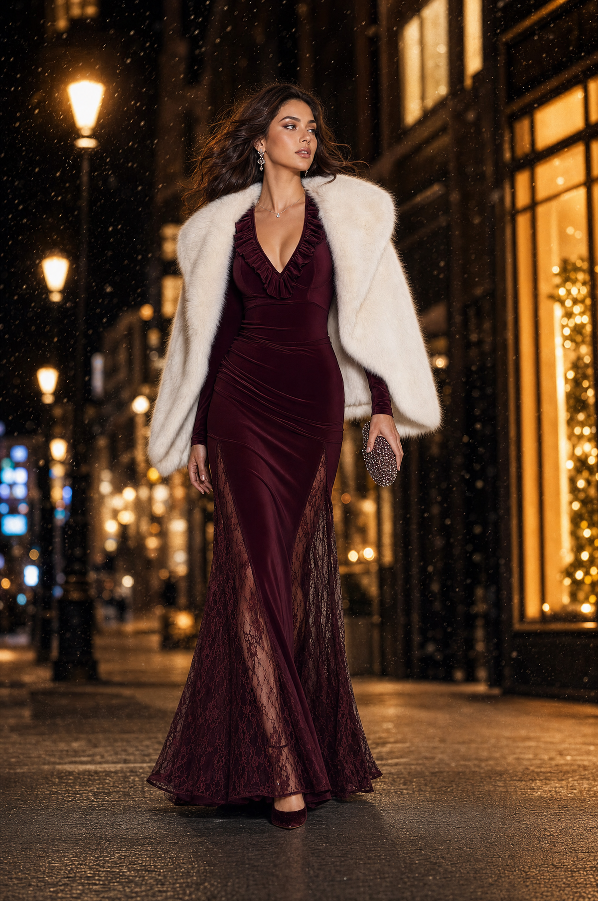 Vestido Maxi Burdeos Terciopelo Escote V Encaje Volante