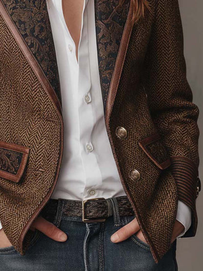 Blazer Tweed Espiga Marrón Paneles Estampados
