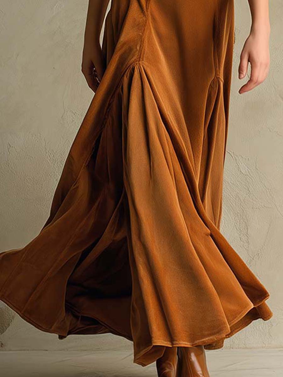 Vestido Maxi Caramelo Terciopelo Estilo Blazer