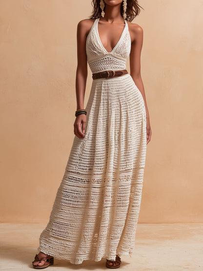 Vestido Maxi Marfil Crochet Halter Cinturón