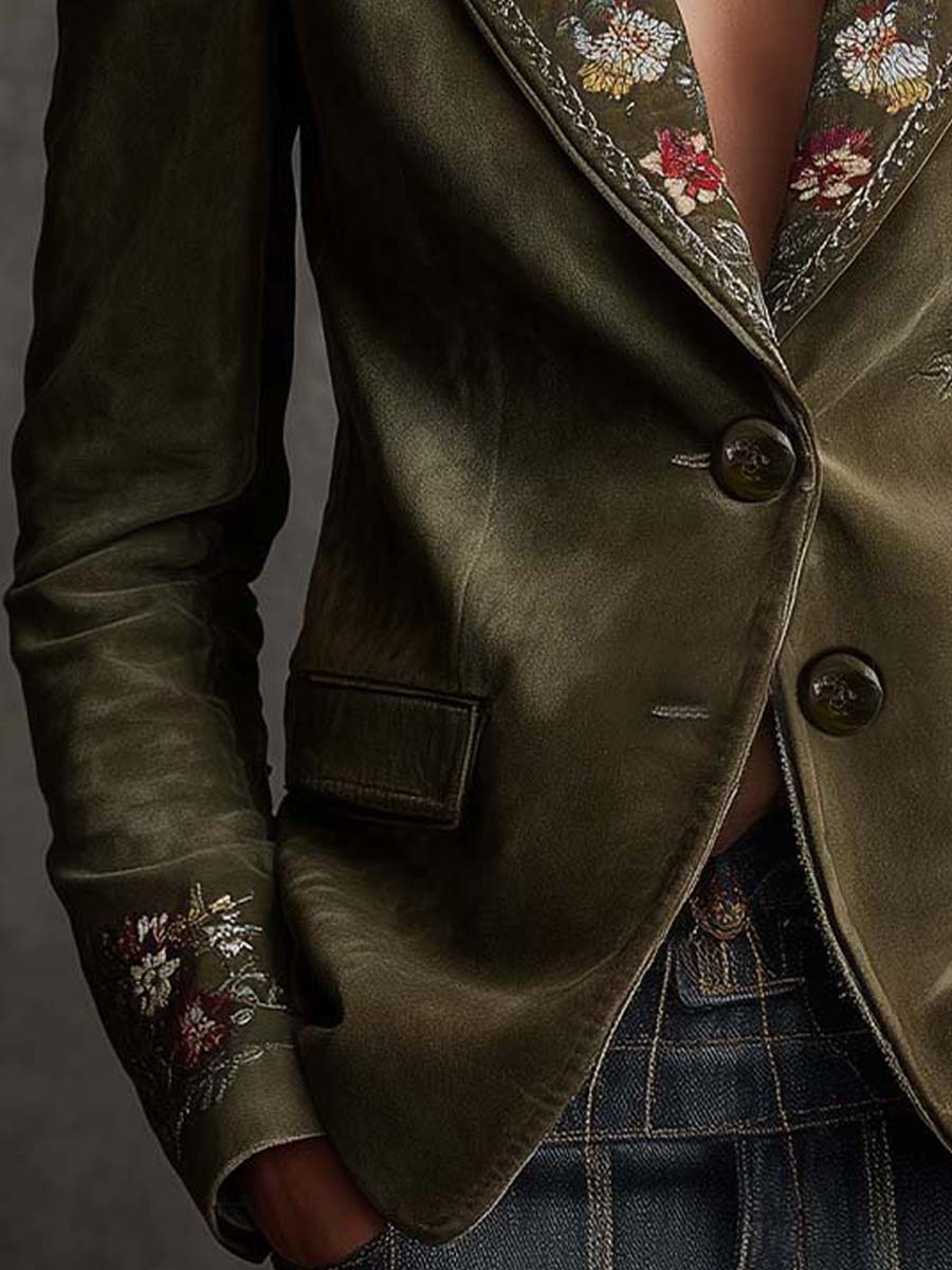 Blazer Terciopelo Verde Oliva Bordado Floral
