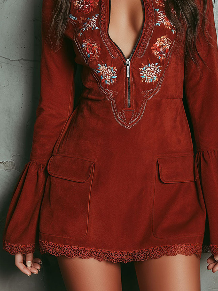 Vestido Mini Rojo Teja Ante Bordado Mangas Campana