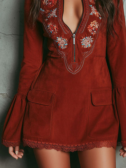 Vestido Mini Rojo Teja Ante Bordado Mangas Campana