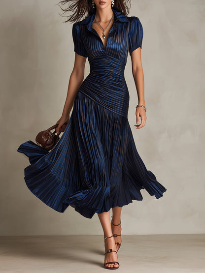 Vestido Midi Raya Retro Satén Plisado